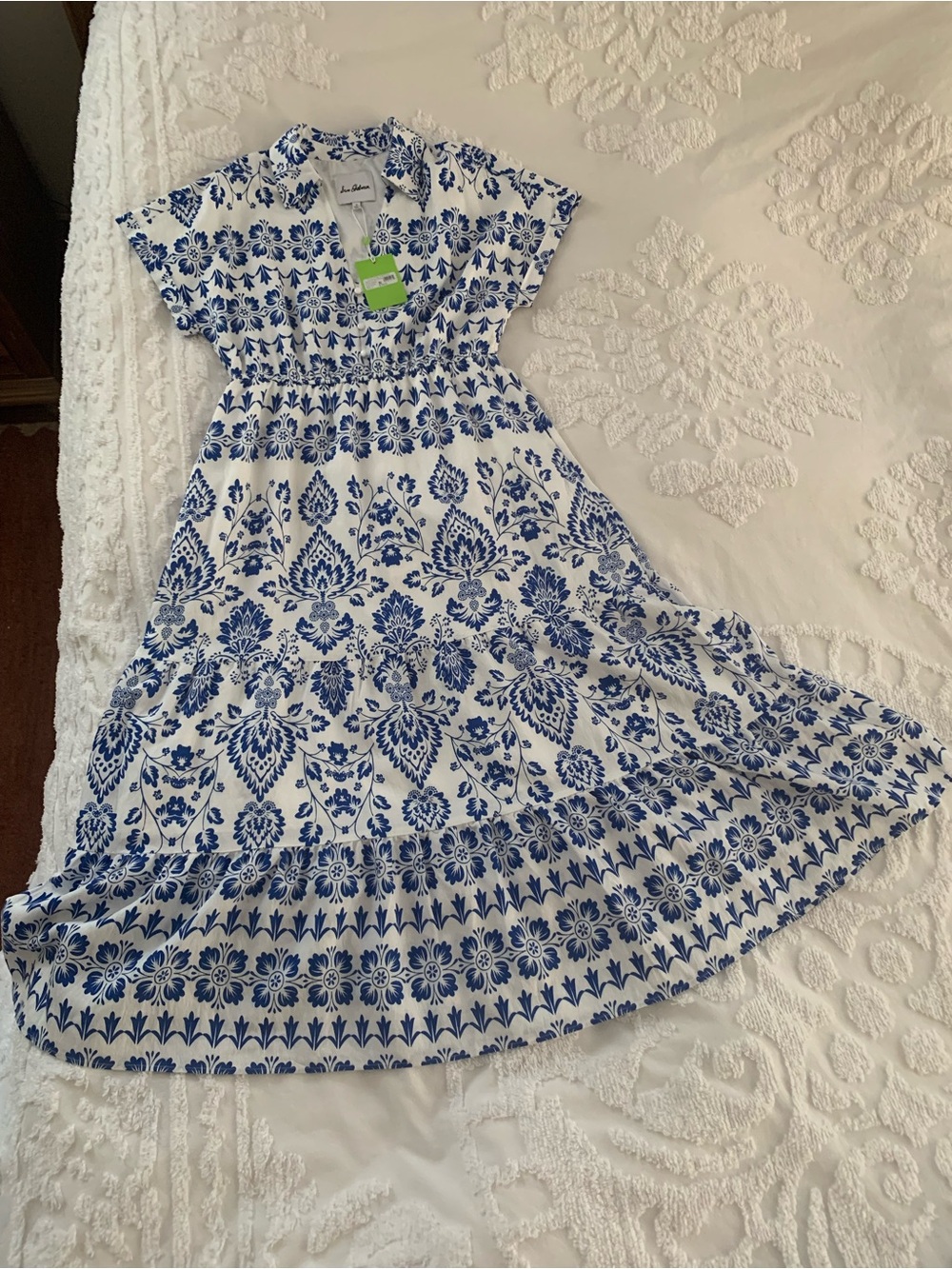 NWT Sam Edelman Dress: White, Blue Print, Button Close, V-Neck, Elastic Waist 12 - Picture 14 of 16